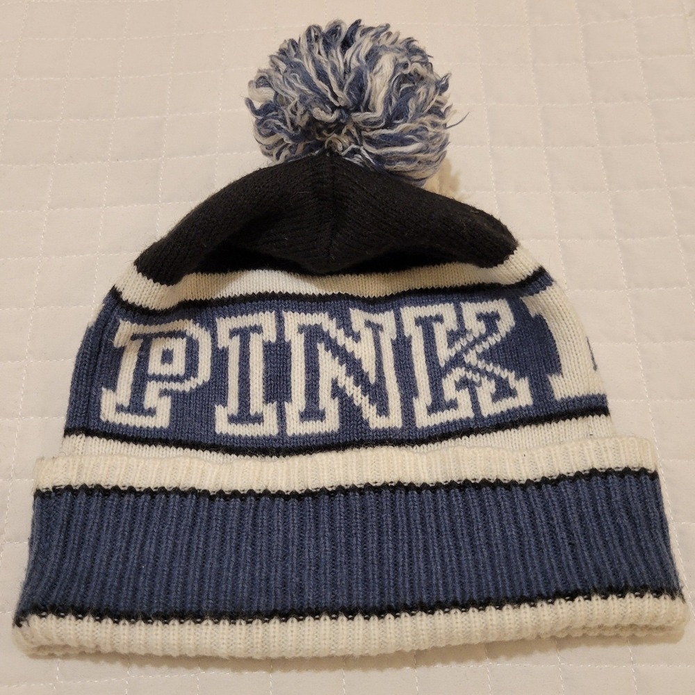 Victorias Secret PINK Nation Blue White Black Pom Pom Beanie Cozy Hat Snow Bunny